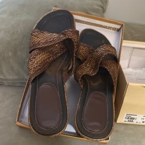 Brown Braided Slip-On Sandals with Flat Sole